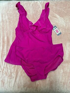 Dkny Women's Ruffle V-Neck Tankini Set in Bright Fia XXL $118